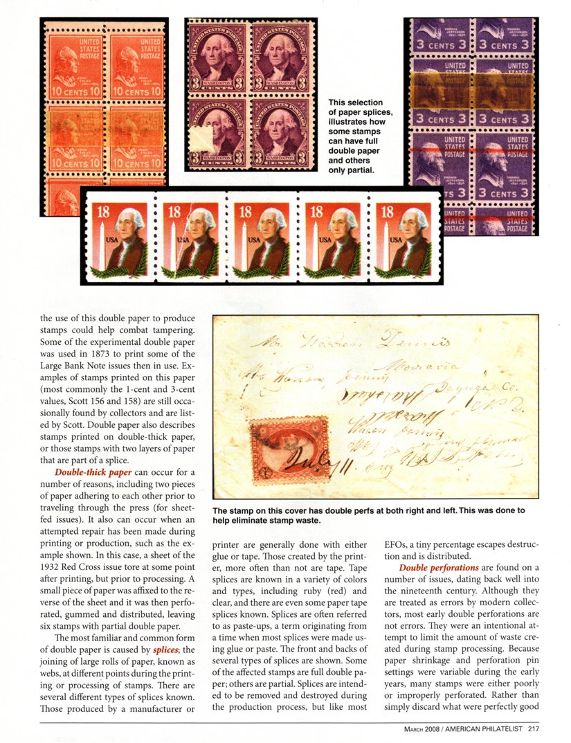 stamp errors, stamp errors, EFO, Youngblood, 1873, Large Bank Note issues, Scott 156, Scott 158, double-thick paper, splice, 1932 Red Cross issue, Red Cross, tape splices, paste-ups, double perforations