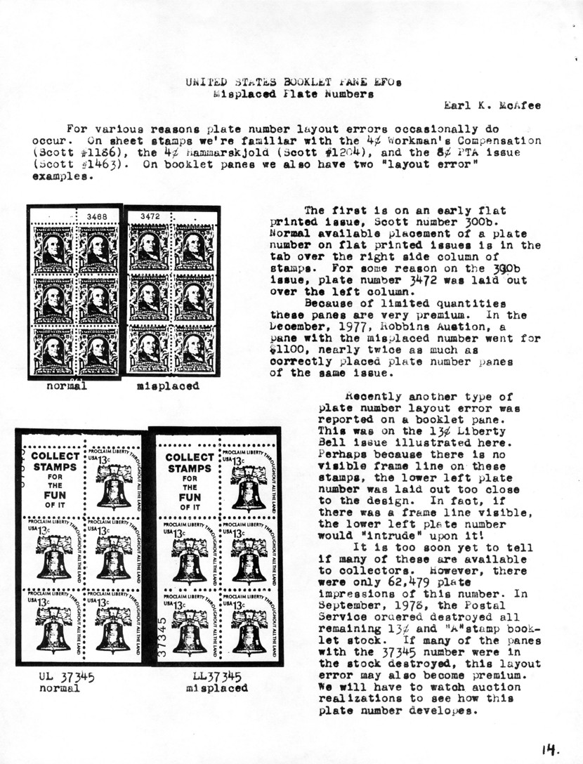 stamp errors, stamp errors, EFO, McAfee, United States Booklet Pane EFOs, Workman's Compensation, Scott 1186, Hammarskjold, Scott 1204, PTA, Scott 1463, Scott 300, flat printed, 1977, Robbins Auction, Liberty Bell, 1978