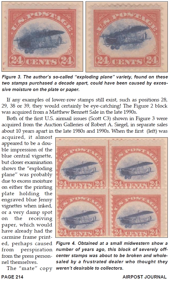 stamp errors, stamp errors, EFO, Kirker, Jenny, exploding place variety, Scott C3, Auction Galleries of Robert A. Siegel, excess moisture, midwestern show, off-center stamp