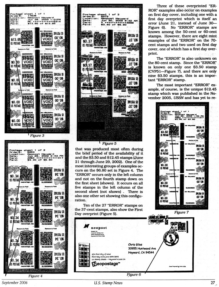 stamp errors, computer vended postage, stamp errors, EFO, Ryskamp, computer vended postage, Neopost, First Day overprint