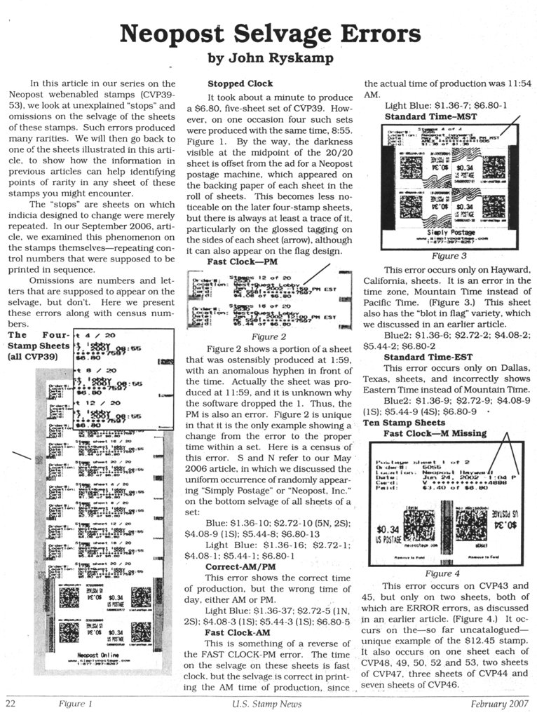 stamp errors, computer vended postage, stamp errors, EFO, Ryskamp, computer vended postage, Scott CVP39, Scott CVP53, stopped clock, Neopost, backing paper, flag design, Simply Postage, Neopost, Inc., fast clock, Hayward, Dallas, Eastern time, Mountain time, Scott CVP43, Scott CVP45, Scott CVP44, Scott CVP46, Scott CVP47