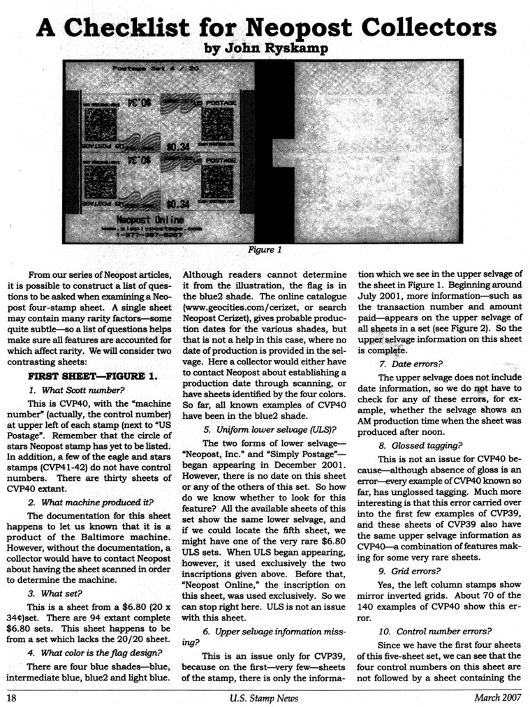 stamp errors, computer vended postage, stamp errors, EFO, Ryskamp, computer vended postage, Neopost, Scott CVP40, uniform lower selvage, Neopost, Inc., Neopost Online, ULS, Scott CVP39, 2001, unglossed tagging, grid errors, inverted grids