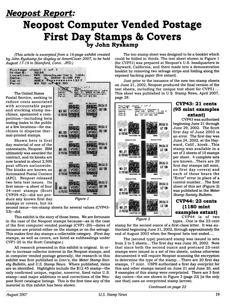 stamp errors, computer vended postage, stamp errors, EFO, Ryskamp, computer vended postage, Neopost, AmeriCover 2007, Automated Postal Center, APC, Scott CVP1, Scott CVP20, Scott CVP39, Scott CVP42, Linn's, Meter Stamp Society Bulletin, U.S. Stamp News, Scott CVP51, 2002, test sheet, Scott CVP43, Scott CVP44