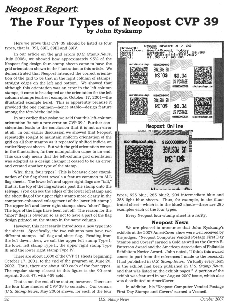 stamp errors, computer vended postage, stamp errors, EFO, Ryskamp, computer vended postage, Neopost, Scott CVP39, 2001, Scott CVP31, blue shade, AmeriCover