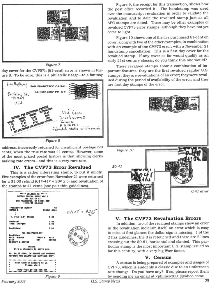 stamp errors, computer vended postage, stamp errors, EFO, Ryskamp, computer vended postage, CVP, APC, Scott CVP57, Scott CVP73