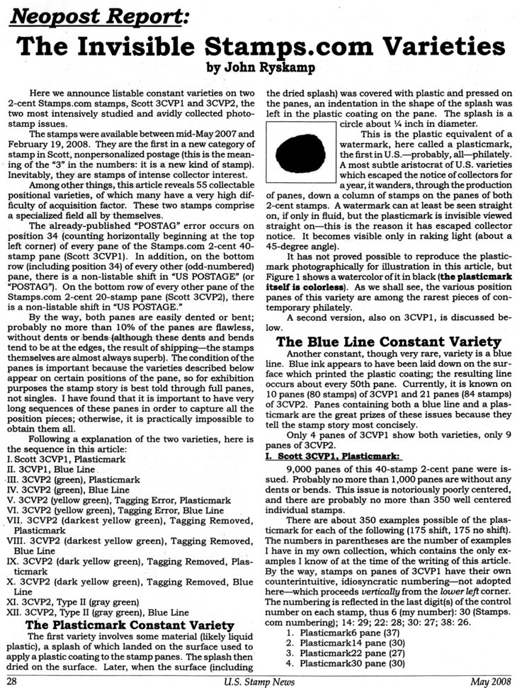 stamp errors, computer vended postage, stamp errors, EFO, Ryskamp, computer vended postage, Stamps.com, Scott 3CVP1, Scott 3CVP2, 2007, 2008, POSTAG error, Plasticmark, Blue Line, tagging error, tagging removed, Placticmark constant variety, Blue Line constant variety