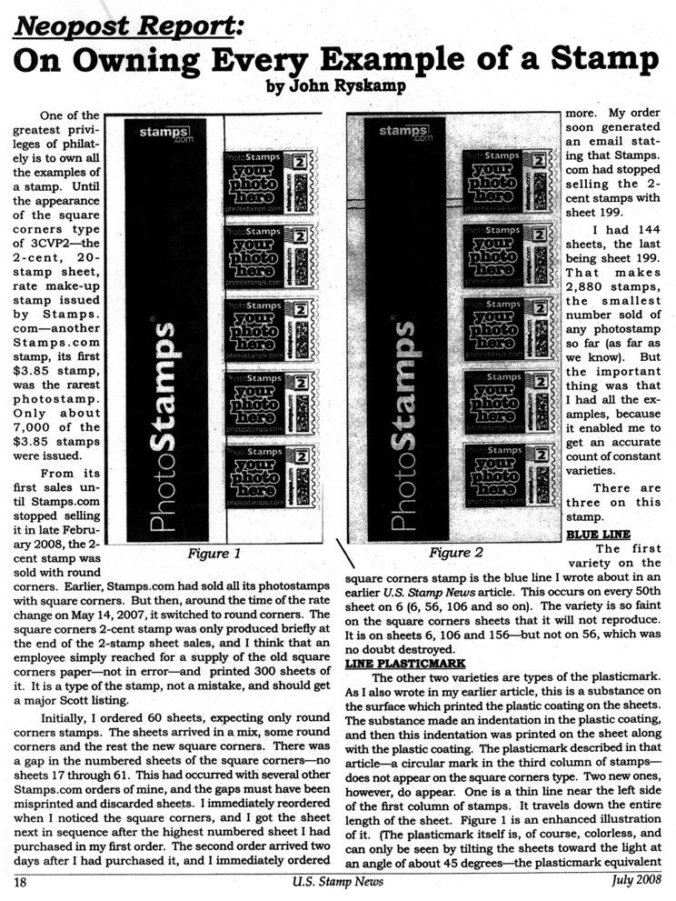 stamp errors, computer vended postage, stamp errors, EFO, Ryskamp, Neopost, PhotoStamps, Scott 3CVP2, Stamps.com, 2008, square corners, round corners, blue line variety, line plasticmark