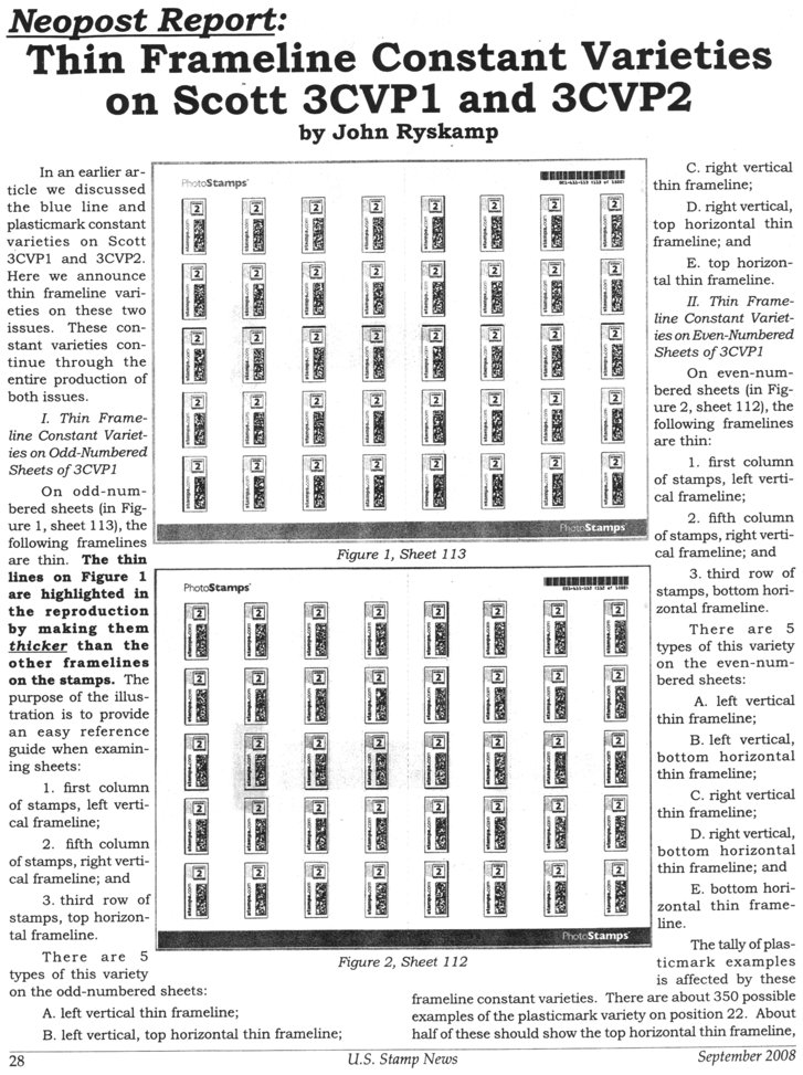 stamp errors, computer vended postage, stamp errors, EFO, Ryskamp, computer vended postage, Neopost, Neopost, Scott 3CVP1, Scott 3CVP2, frameline, variety, constant variety