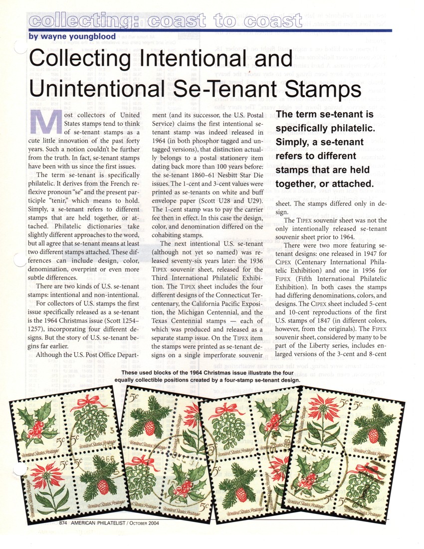 stamp errors, stamp errors, EFO, Youngblood, se-tenant, EFO, error, Christmas, Scott 1254, Scott 1257, Nesbitt, Star Die, Scott U28, Scott U29, TIPEX, Connecticut Tercentenary, California Pacific Exposition, Texas Centennial, 1964, 1860, 1947, CIPEX, Centenary International Philatelic Exhibition, 1956, FIPEX, Fifth International Philatelic Exhibition, Liberty series