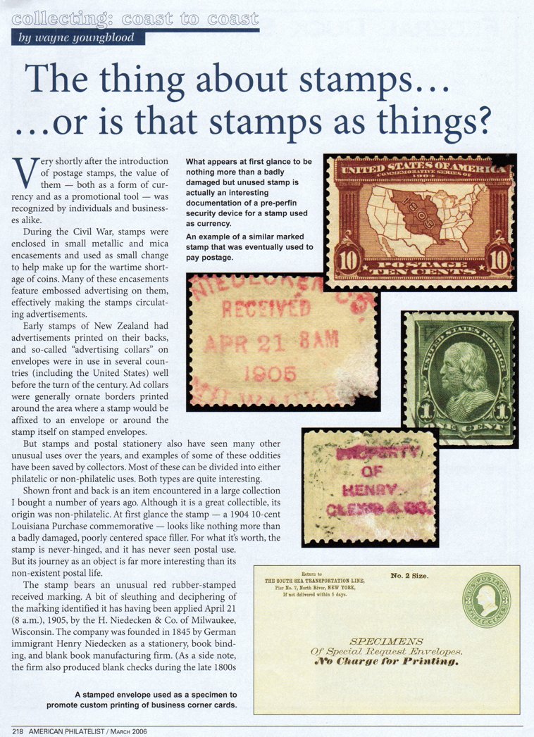 stamp errors, stamp errors, EFO, Youngblood, Civil War, encasement, , New Zealand, advertising collars, 1904, Louisiana Purchase commemorative, Niedecken, Milwaukee, WI