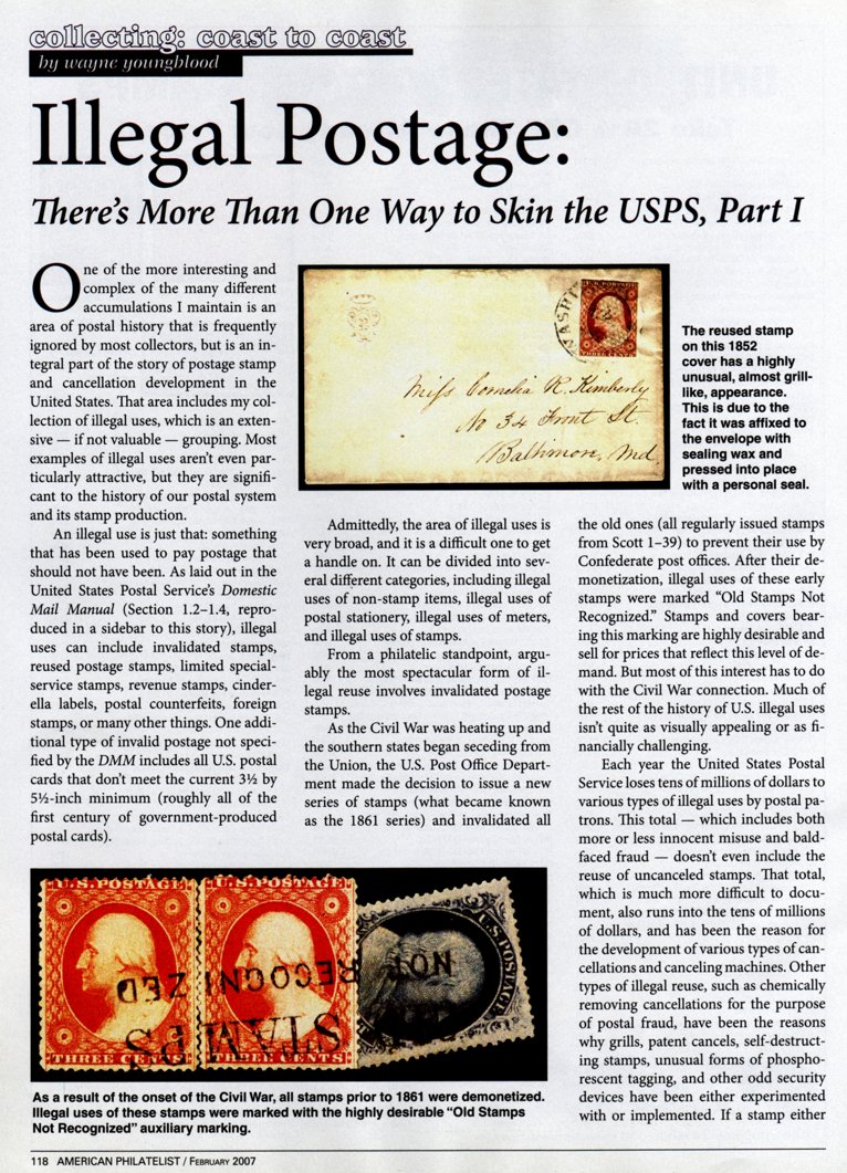 stamp errors, stamp errors, EFO, Youngblood, Youngblood, illegal postage, USPS, Domestic Mail Manual, DMM, U.S. Post Office Department, Civil War, 1861, Scott 1, Scott 39, Old Stamps - Not Recognized, fraud, grills, patent cancels, self-destructing stamps, phosporescent tagging