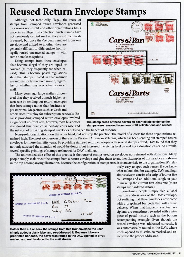 stamp errors, stamp errors, EFO, Youngblood, reused return envelope stamps, Disabled American Veterans, DAV