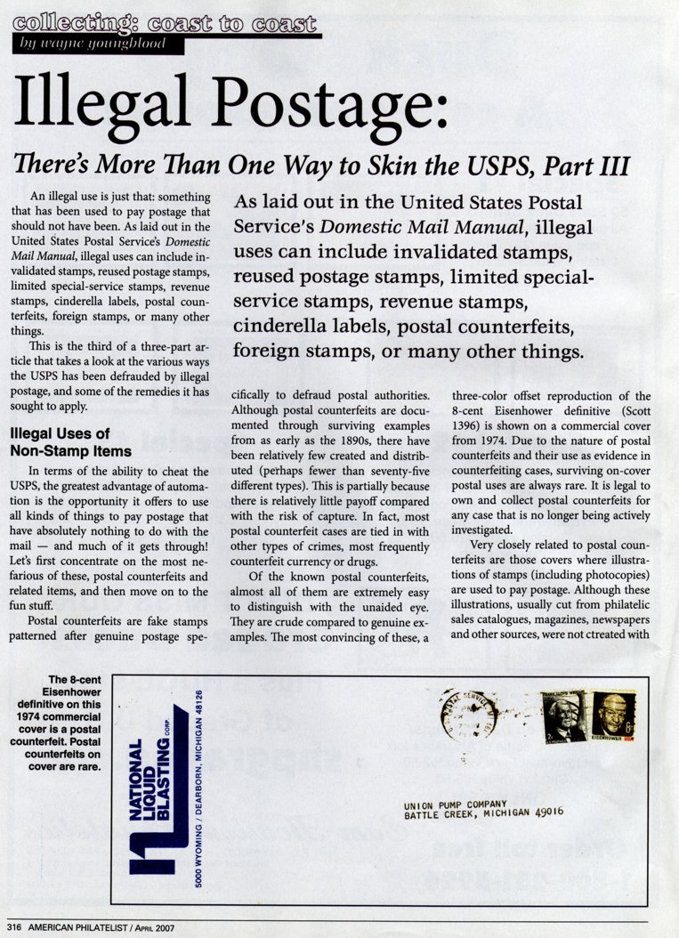 stamp errors, stamp errors, EFO, Youngblood, Youngblood, illegal postage, United States Postal Service, USPS, Domestic Mail Manual, DMM, invalidated stamps, reused postage stamps, limited special-service stamps, revenue stamps, cinderella labels, postal counterfeits, foreign stamps, Scott 1396, Eisenhower definitive, 1974