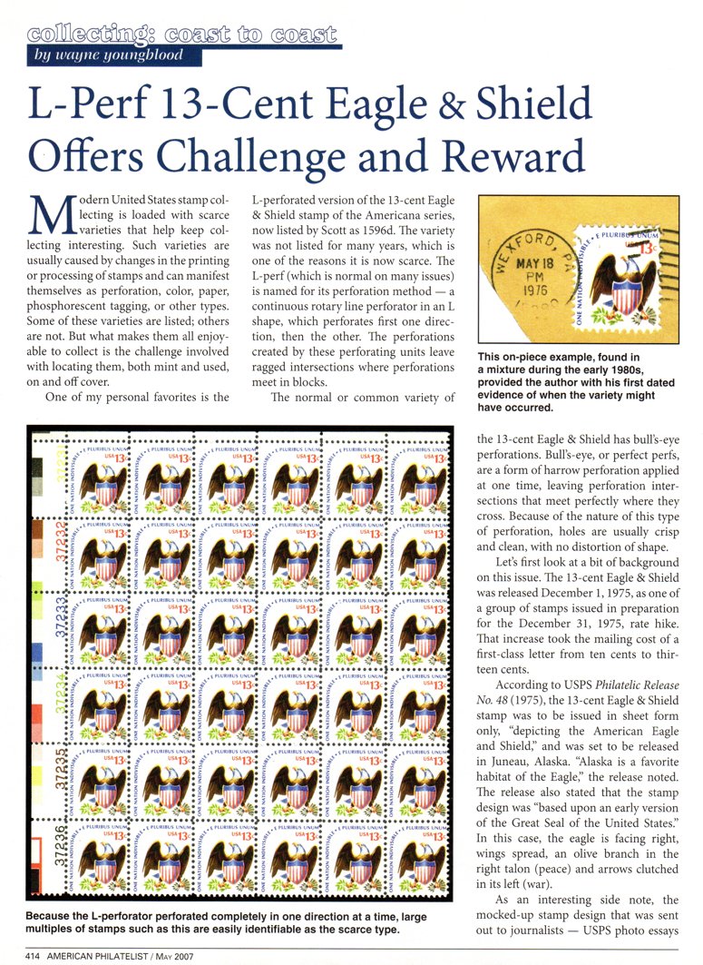 stamp errors, stamp errors, EFO, Youngblood, Youngblood, L-perf, Eagle & Shield, L-Perf 13-Cent Eagle & Shield Offers Challeng and Reward, L-perforated, Americana series, Scott 1596, 1975, harrow perforation, USPS Philatelic Release, Juneau, AL