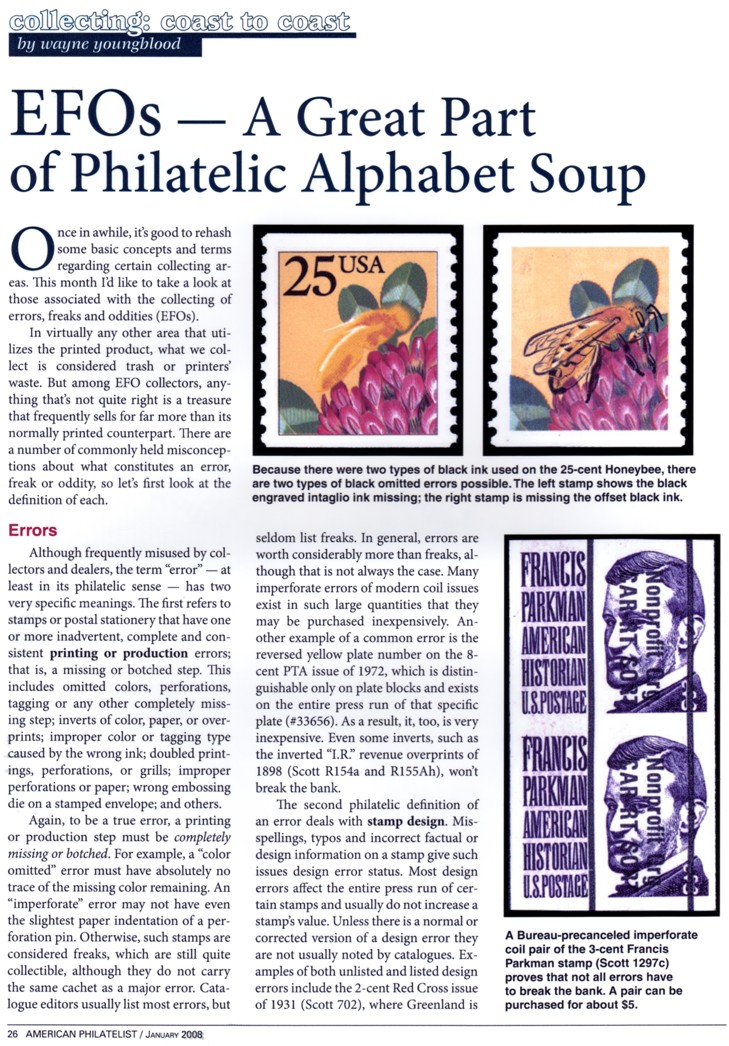 stamp errors, stamp errors, EFO, Youngblood, honeybee, EFO, error, printing error, production error, imperforate, PTA, 1972, I.R., Scott R154, Scott R155, design error, Red Cross, precancel, Bureau, Scott 702, Parkman, black omitted