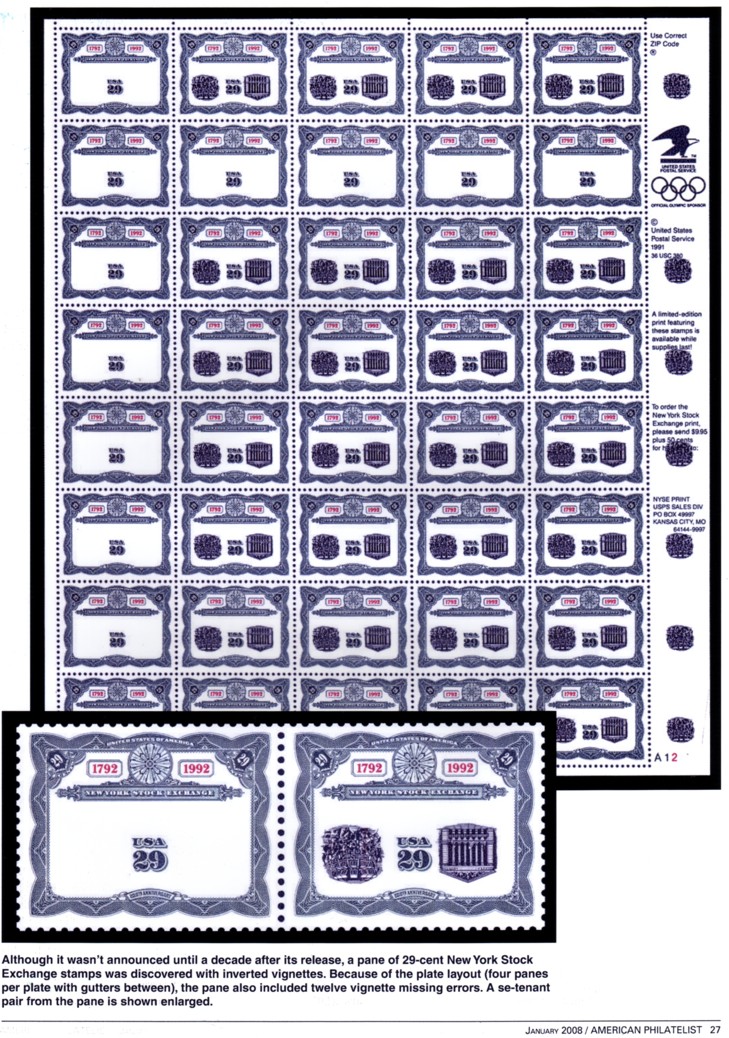 stamp errors, stamp errors, EFO, Youngblood, New York Stock Exchange, vignette missing, inverted vignette, se-tenant