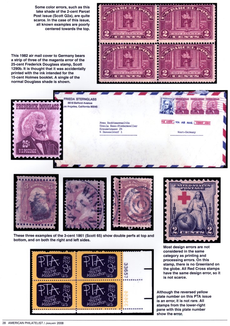 stamp errors, stamp errors, EFO, Youngblood, Scott Q2, color error, Douglass, Scott 1290, magenta, Scott 65, 1861, design error, Red Cross, Greenland, PTA, reversed plate number