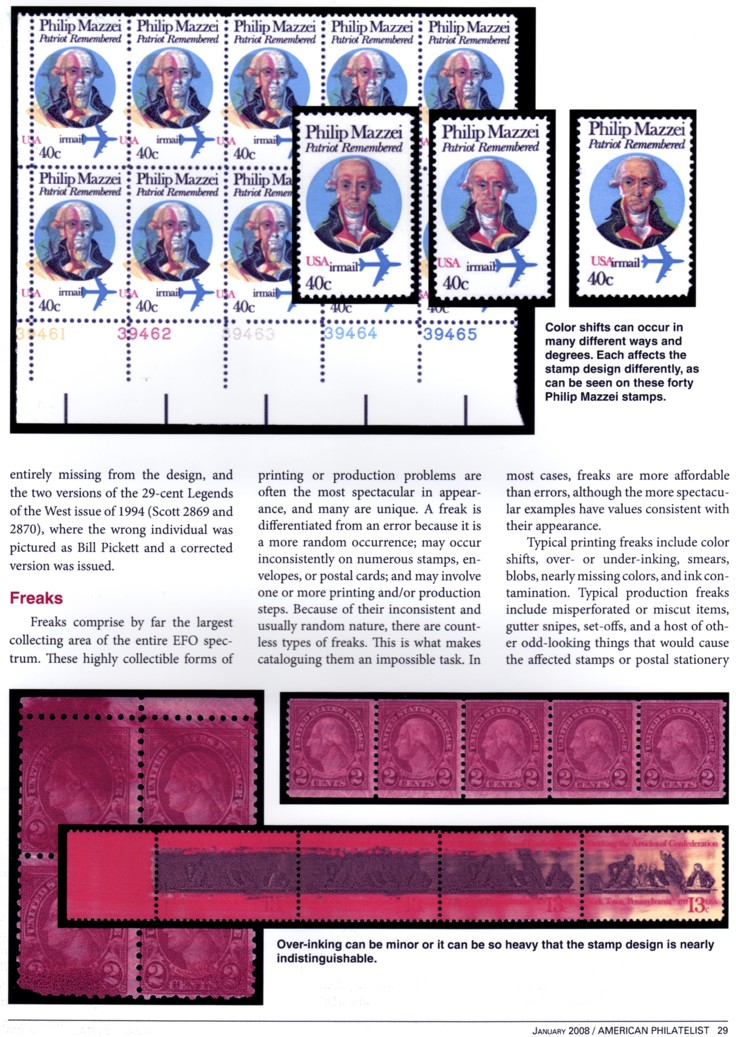 stamp errors, stamp errors, EFO, Youngblood, Mazzei, color shift, Legends of the West, 1994, Scott 2869, Scott 2870, Pickett, freak, under-inking, smear, ink contamination, misperforated, miscut, gutter snipe, set-off, over-inking