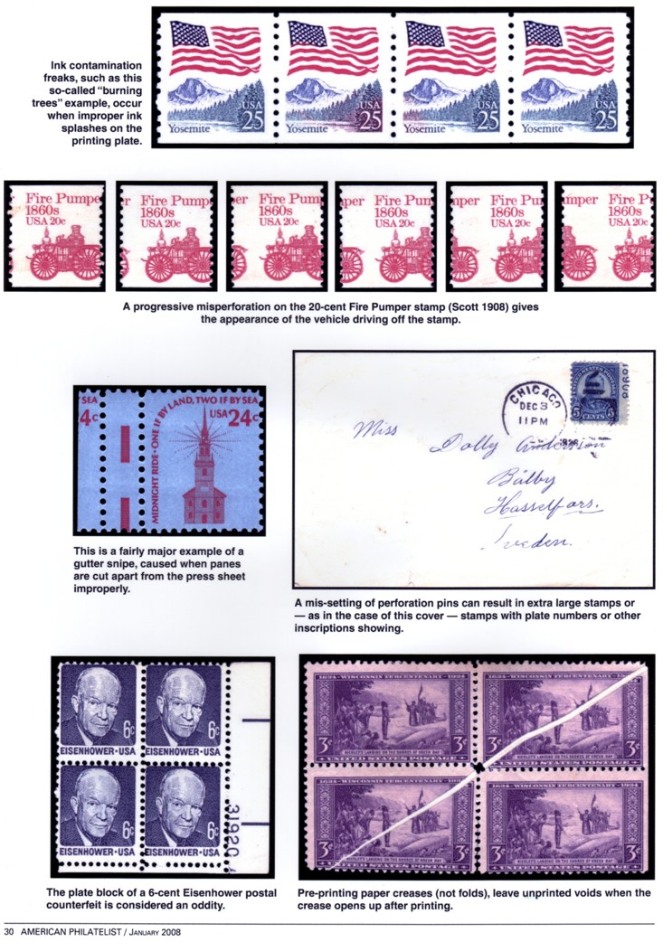 stamp errors, stamp errors, EFO, Youngblood, ink contamination, burning trees, misperforation, Scottt 1908, fire pumper, gutter snipe, paper crease, pre-printing paper crease, Eisenhower, counterfeit, plate number, extra-large stamp, freak