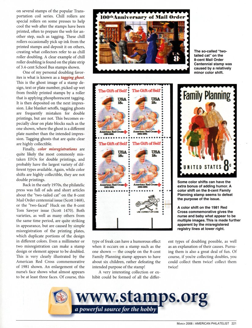 stamp errors, stamp errors, EFO, Youngblood, School Bus stamps, tagging ghost, color misregistrations, two-tailed cat, Mail Order centennial issue, Scott 1468, two-faced Huck, Tom Sawyer, Scott 1470, American Red Cross commemorative, 1981, Family Planning stamp