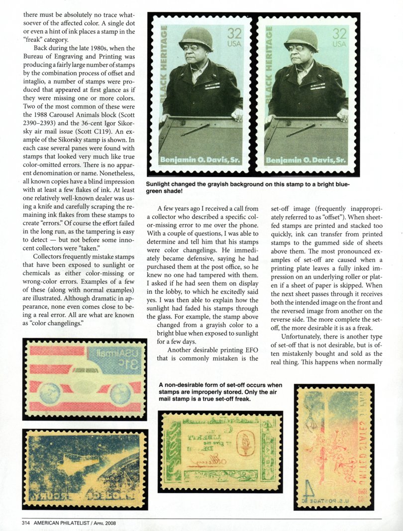 stamp errors, stamp errors, EFO, Youngblood, Davis, carousel animals, Scott 2390, Scott 2393, Sikorsky, Scott C119, color-omitted errors, blind impression, color-missing errors, color changelings, set-off image, offset image