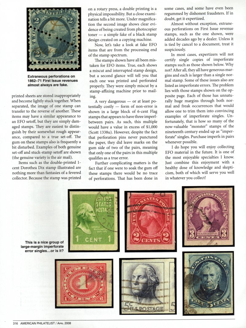 stamp errors, stamp errors, EFO, Youngblood, extraneous perforations, First Issue revenues, set-off image, Dix, double printing, Scott 1338, imperforate, imperf, Washington, documentary
