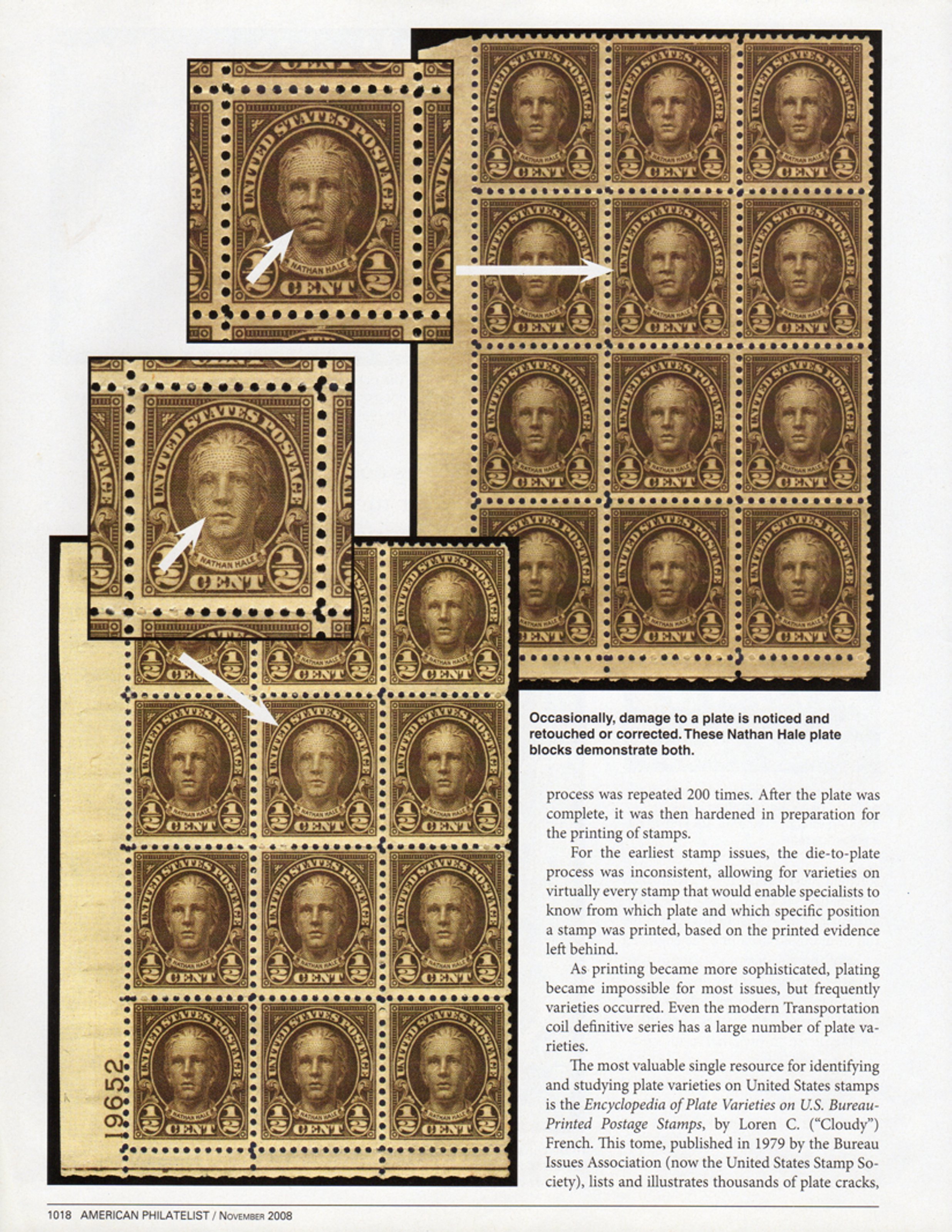 stamp errors, stamp errors, EFO, Youngblood, die-to-plate process, Transportation coil efinitive series, Encyclopedia of Plate Varieties on U.S. Bureau-Printed Postage Stamps, Cloudy French, 1979, Bureau Issues Association, United States Stamp Society, plate cracks
