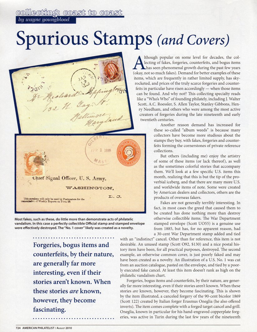 stamp errors, stamp errors, EFO, Youngblood, Youngblood, spurious stamps and covers, forgeries, bogus items, counterfeits, fakes, Scott, Roessler, Taylor, Gibbons, Needham, album weeds, War Department stamped envelope, Scott UO55, 1885, Scott O92, Scott 1, Scott 122, 90-cent bicolor, 1869, Erasmus Oneglia, Turin