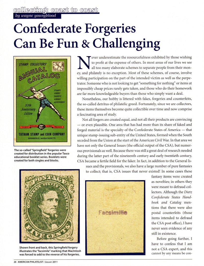 stamp errors, stamp errors, EFO, Youngblood, Confederate forgeries, Springfield, Tasco educational booklet series, MacIntosh, facsimile, facsimilie, Tatham Stamp and Coin Company, Confederate States of America, American Civil War, General Issues, CSA, provosionals, fantasy items, Dietz Confederate States Handbook, postal counterfeits, CSA Post Office