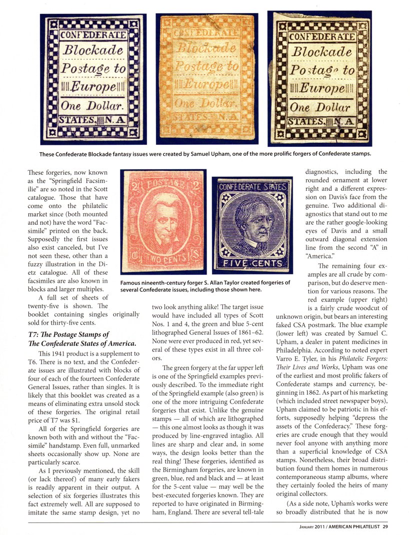 stamp errors, stamp errors, EFO, Youngblood, Confederate Blockade fantasy issues, Upham, Blockade Postage to Europe - One Dollar - States N. A., Taylor, Birmingham forgeries, England, Davis, lithographed, line-engraved intaglio, Tyler, Philatelic Forgers - Their Lives and Works