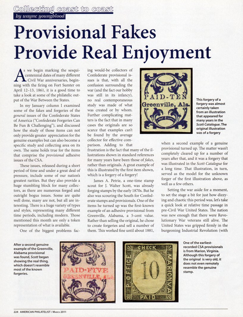 stamp errors, stamp errors, EFO, Youngblood, Provisional Fakes Provide Real Enjoyment, Civil War, FOrt Sumter, there are numerous forged and outright bogus issues, Confederate provisional issues, Petrie, Scott, Greenville, AL, Scott Catalogue, pre-Civil War United States, Revolutionary War veterans, Industrial Revolution