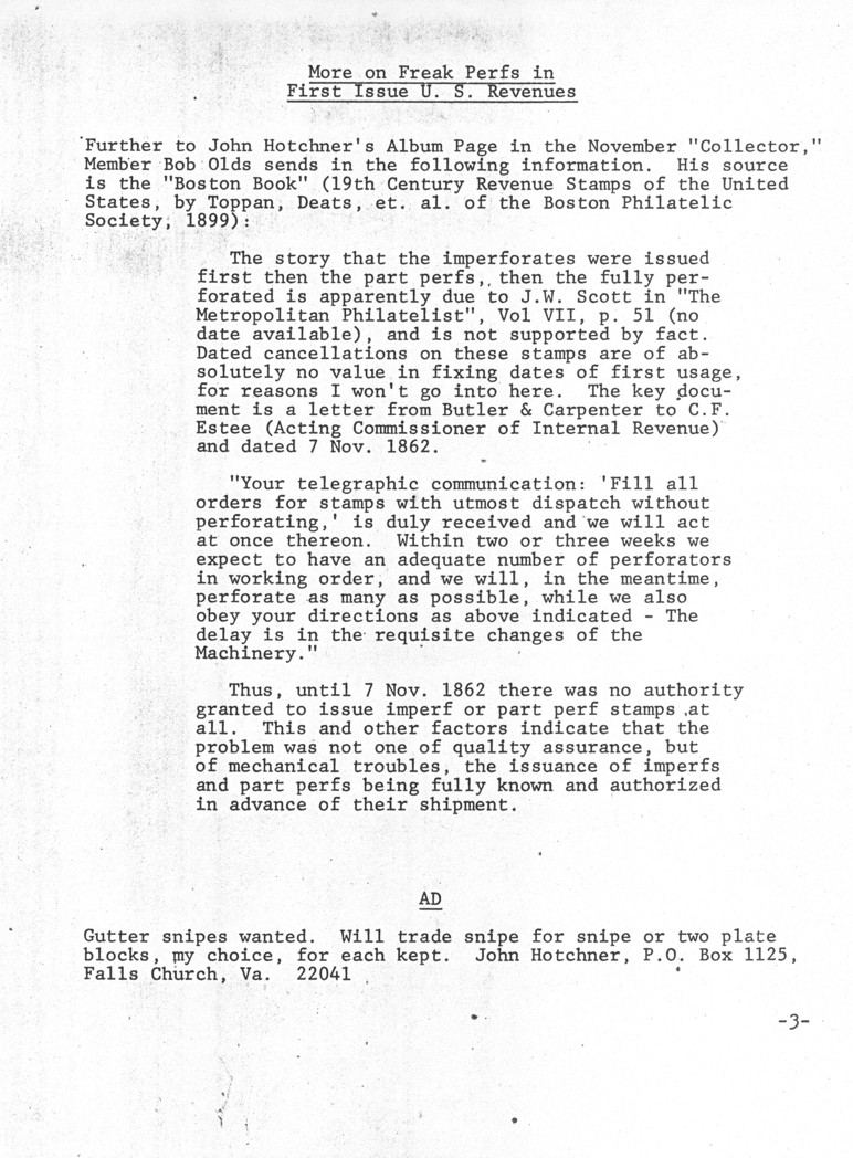 stamp errors, stamp errors, EFO, Hotchner, Olds, Boston Philatelic Society, Boston Book, Scott, Butler and Carpenter, Estee, Acting Commissioner of Internal Revenue, 1862