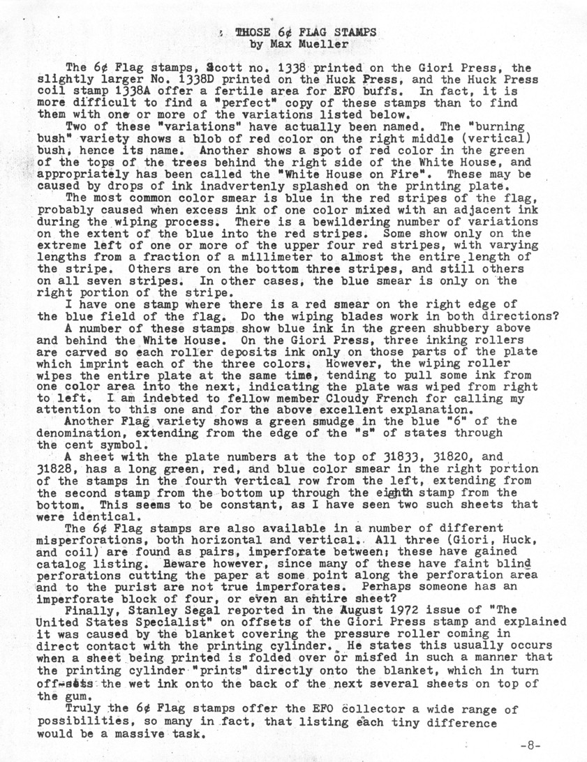 stamp errors, stamp errors, EFO, Those 6 Cent Flag Stamps, Mueller, Scott 1338, Giori, Huck, Scott 1338A, burning bush, coil, White House, Segal, 1972, The United States Specialist