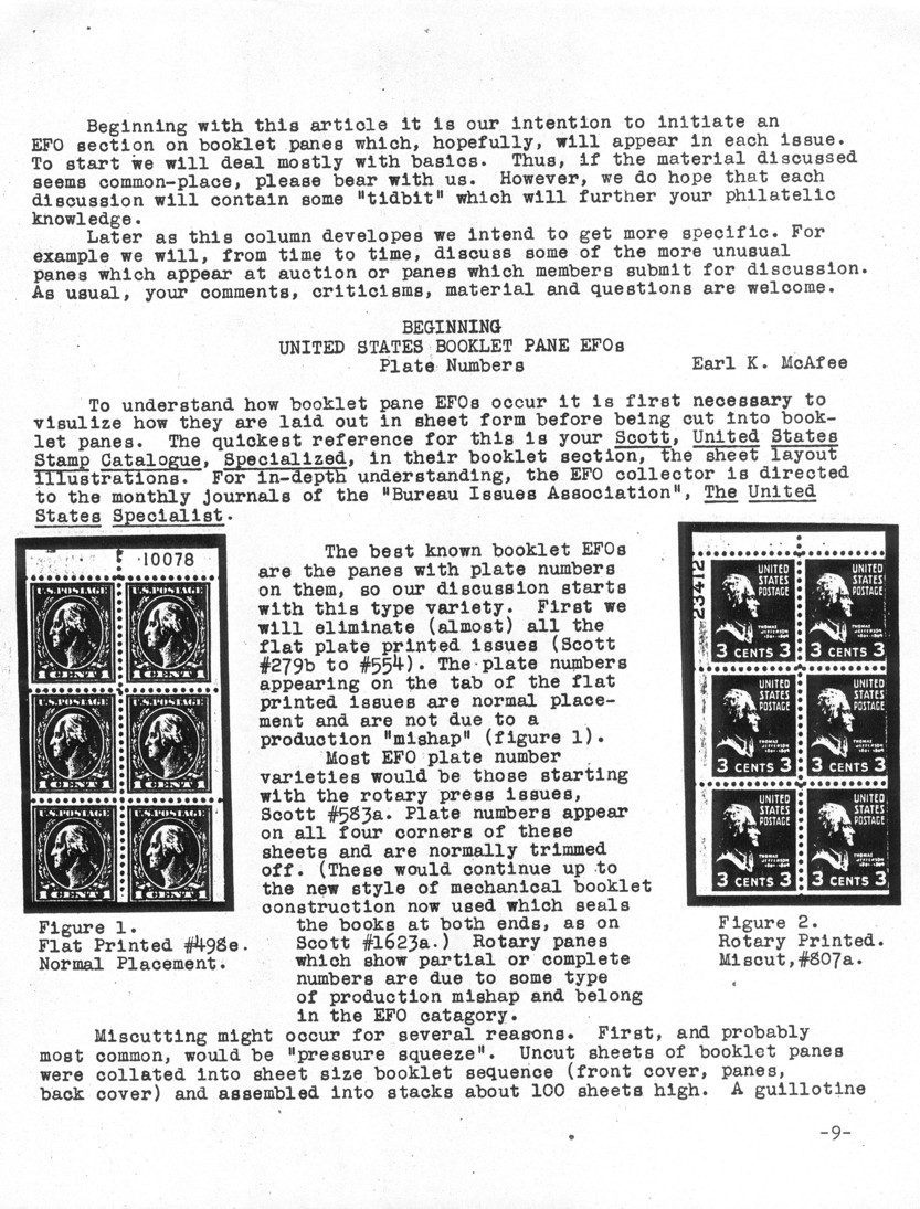 stamp errors, stamp errors, EFO, McAfee, Beginning United States Booklet Pane EFOs, Scott, Specialized, Bureau Issues Association, The United States Specialist, Scott 583a, Scott 1623a, Sccott 498a, Scott 507a, rotary printed, flat printed, pressure squeeze