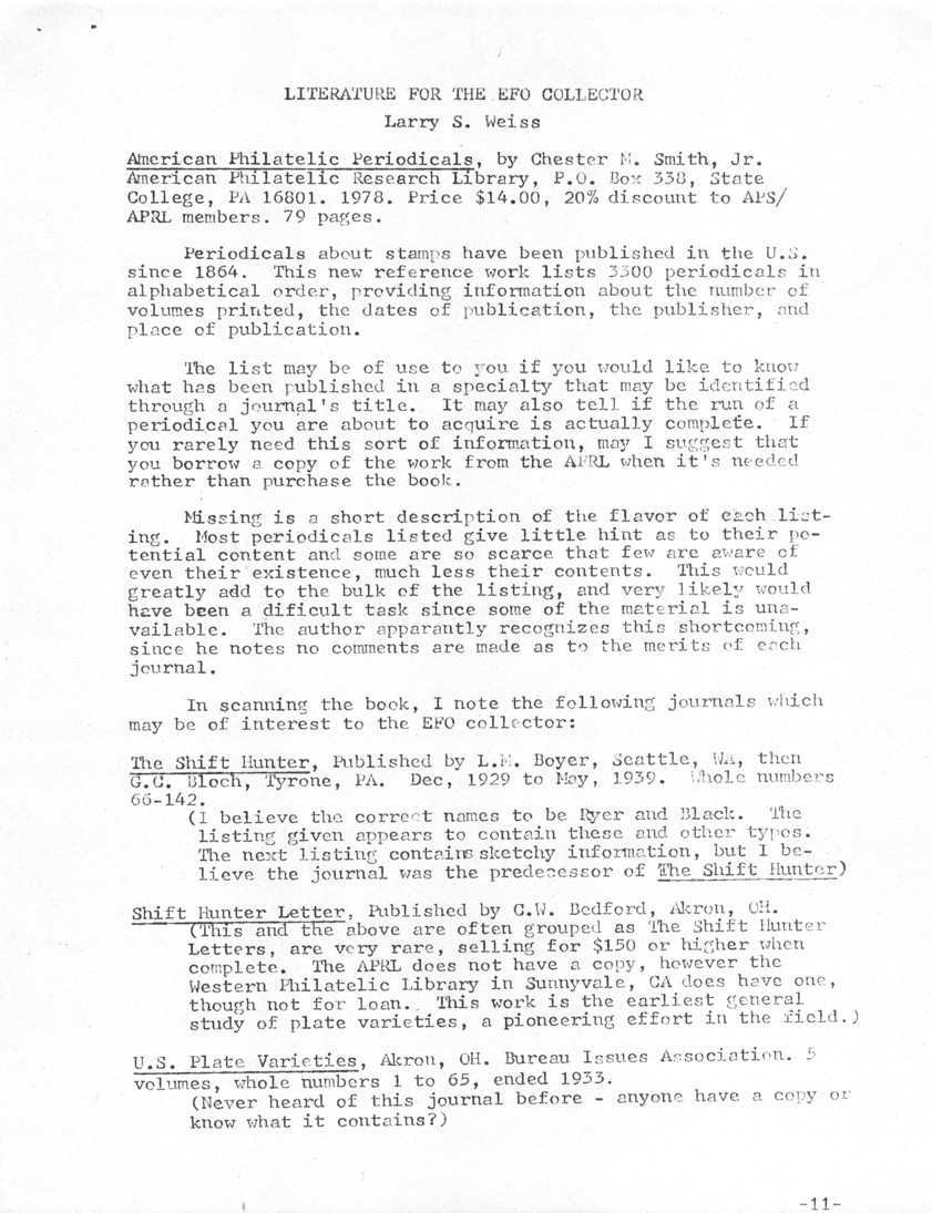 stamp errors, stamp errors, EFO, Weiss, Literature For The EFO Collector, American Philatelic Periodicals, Smith, APRL, American Philatelic Research Library, The Shift Hunter, Boyer, Bloch, Black, Shift Hunter Letter, Bedford, Western Philatelic Library, plate varieties, U.S. Plate Varieties, BIA, Bureau Issues Association