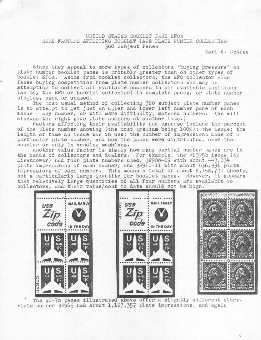 stamp errors, stamp errors, EFO, McAfee, booklet, pane, plate number, partial, Eisenhower, Scott C78