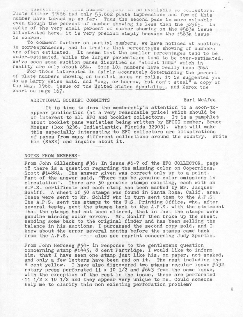 stamp errors, stamp errors, EFO, Scott 583a, United States Specialist, booklet, McAfee, Mosher, booklet, pane, variety, varieties, Notes from Members, Gillenberg, Copernicus, Scott 1488A, Schiff, missing color, Spartis, Herczeg, Scott 1445, partridge, Scott 632, Scott 643