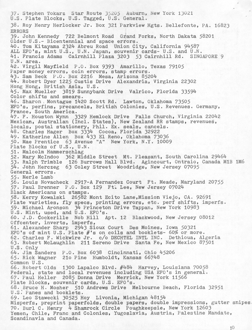 stamp errors, stamp errors, EFO, Tokarz, Blocks, Herlocker, Kennedy, Kitayama, Adams, Mayfield, Beck, Dyer, Mueller, Muller, Montague, Wynn, Hager, Allen, Prentice, Hammerschlag, McIndoo, Trimble, Herczeg, Lamb, Novacheck, Brenner, Kowalski, Aronson, Cockerille, Sharp, Wickwire, McLaughlin, Sanders, Wagner, Olds, Heller, Mosher, Stawecki, Henry