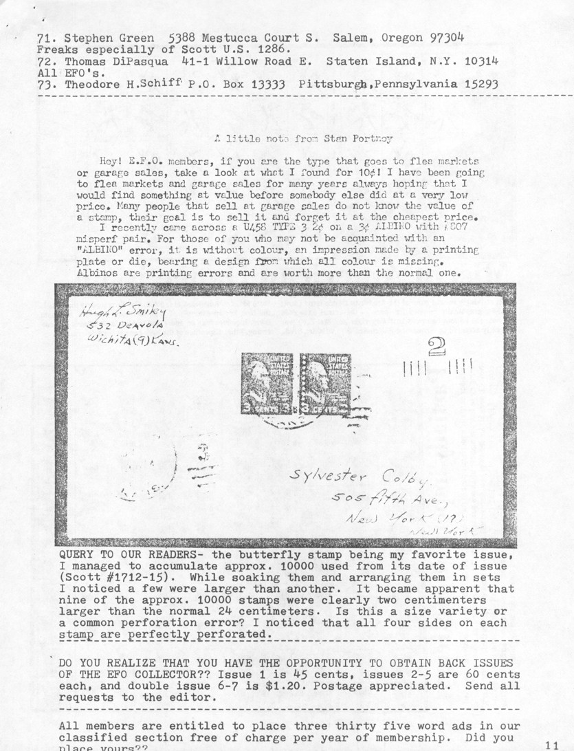 stamp errors, stamp errors, EFO, Green, DiPasqua, Schiff, Portnoy, flea market, garage sale, albino, Scott U458, butterfly, Scott 1712, Scott 1715, perforation, perforation error, back issues