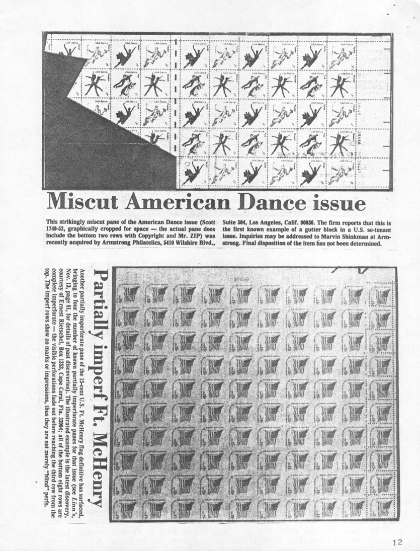 stamp errors, stamp errors, EFO, Linn's, miscut, dance, dance issue, Scott 1749, Armstrong, Fort McHenry, imperf, partially imperf, Rietschel