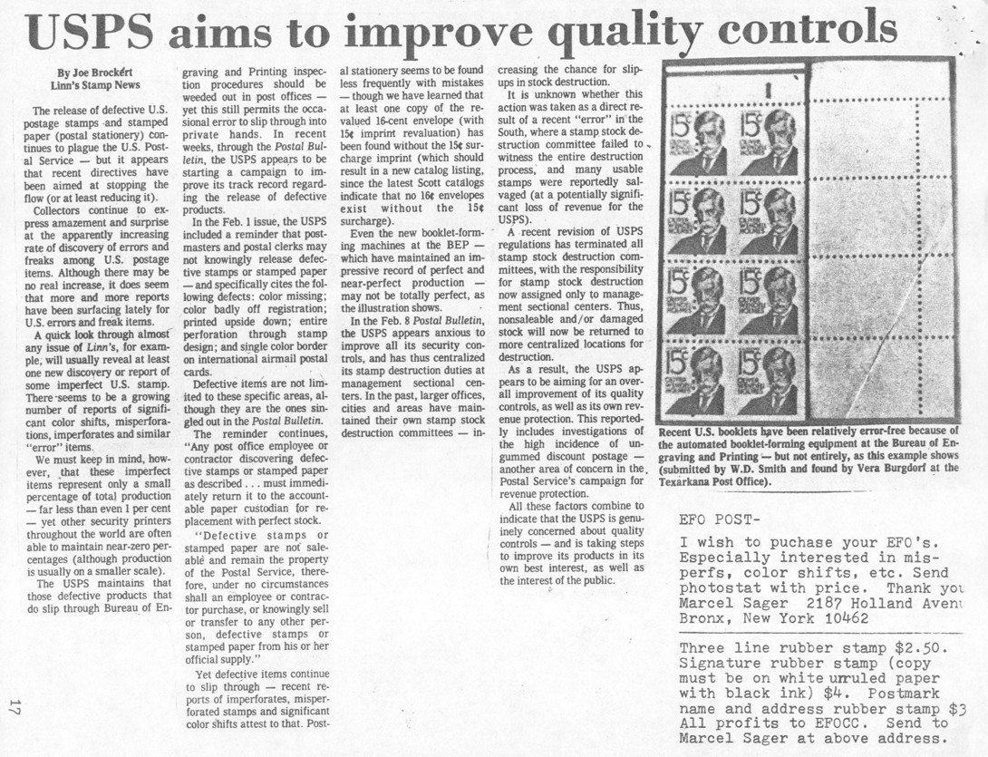 stamp errors, stamp errors, EFO, Linn's, booklet, USPS, Brockert, BEP, Bureau of Engraving and Printing, Postal Bulletin, quality, quality control, Sager