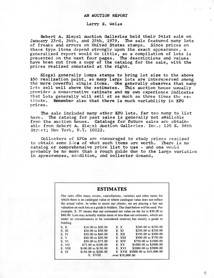 stamp errors, stamp errors, EFO, Weiss, auction report, Siegel, 1979