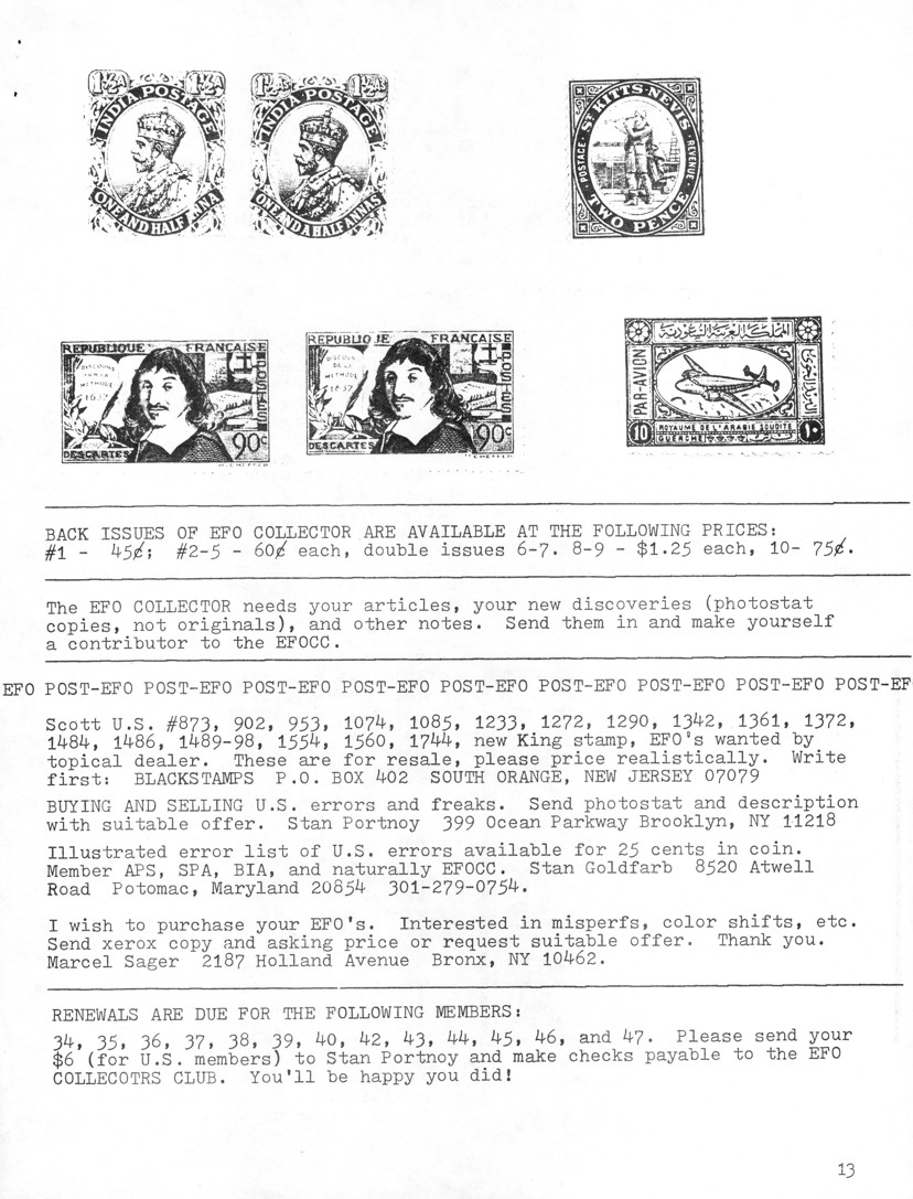 stamp errors, stamp errors, EFO, Blackstamps, Portnoy, Goldfarb, Sager