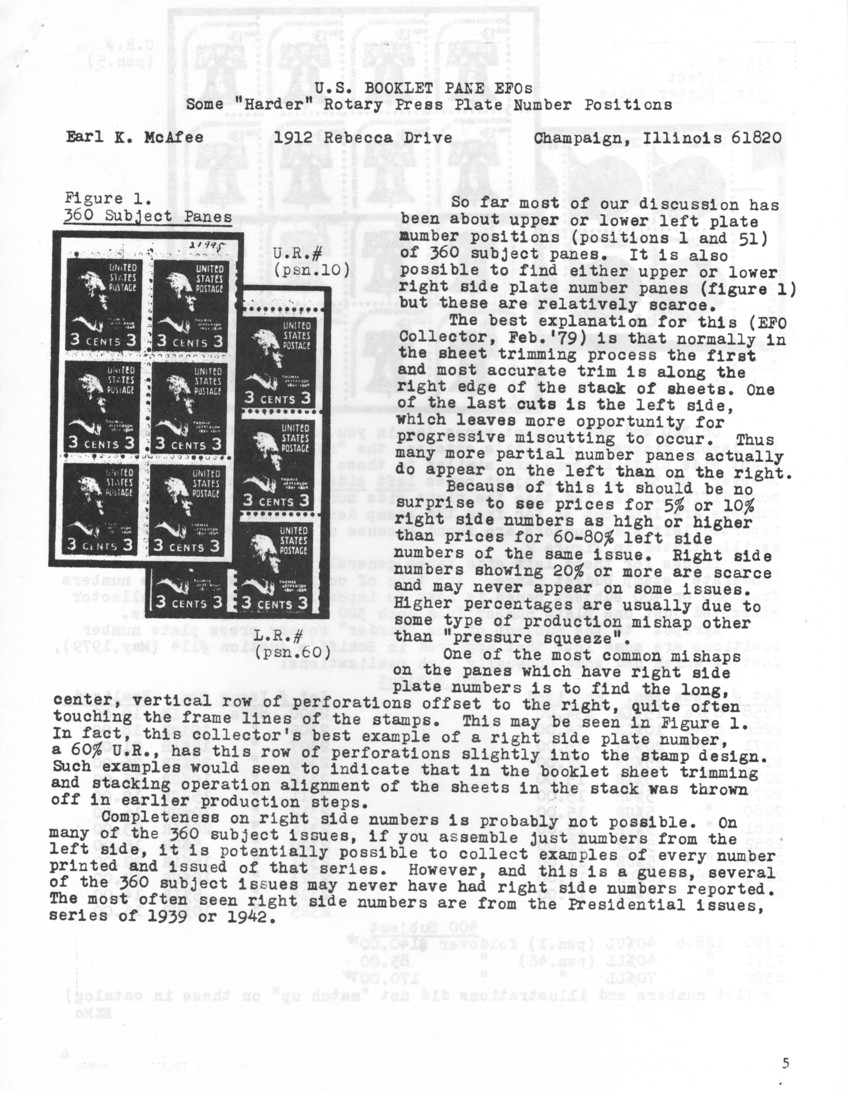 stamp errors, stamp errors, EFO, U.S. Booklet Pane EFOs - Some Harder Rotary Press Plate Number Positions, McAfee, left plate number positions