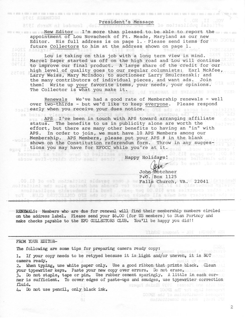 stamp errors, stamp errors, EFO, Hotchner, President's Message, Novacheck, Sager, McAfee, Weiss, McIndoo, APS