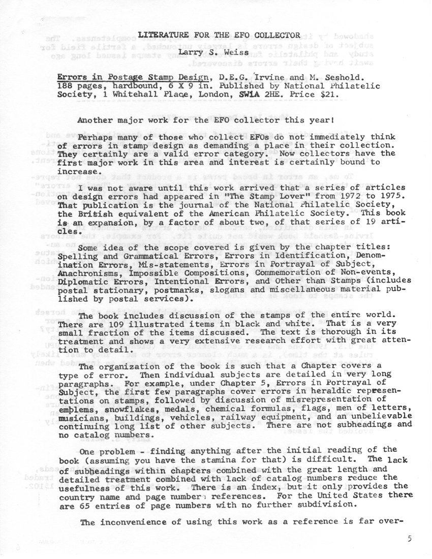 stamp errors, stamp errors, EFO, Weiss, Literature for the EFO Collector, Irvine, Seshold, Errors in Postage Stamp Design, National Philatelic Society, The Stamp Lover, spelling errors, grammatical errors, design errors, identification errors, denomination errors, misstatement errors, portrayal of subject errors, anachronisms, anachronism errors, impossible composition errors, commemoration of non-event errors, diplomatic errors, intentional errors, postal stationery design errors, postmark design errors, material published by postal services errors