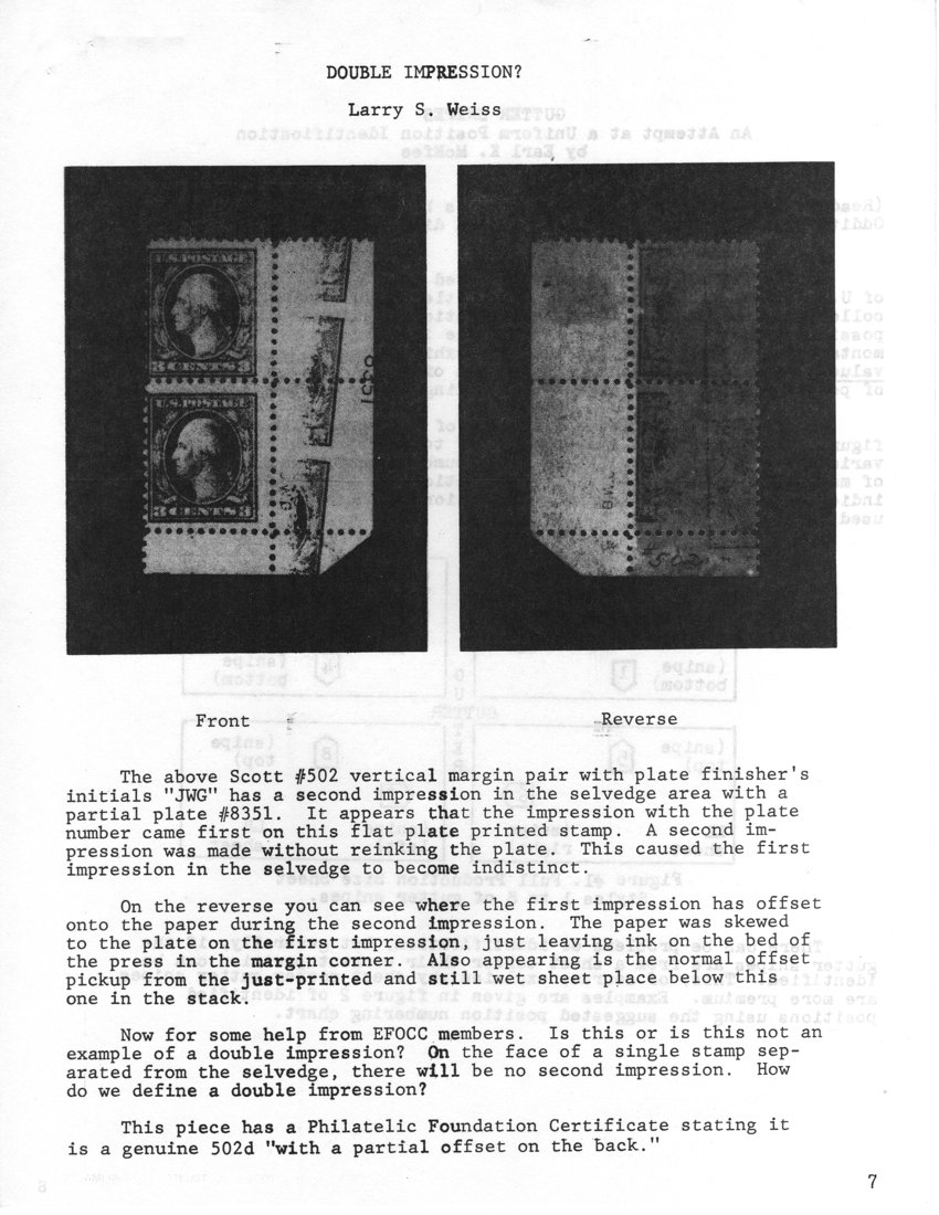 stamp errors, stamp errors, EFO, Weiss, Double Impression, Scott 502, JWG, Philatelic Foundation Certificate