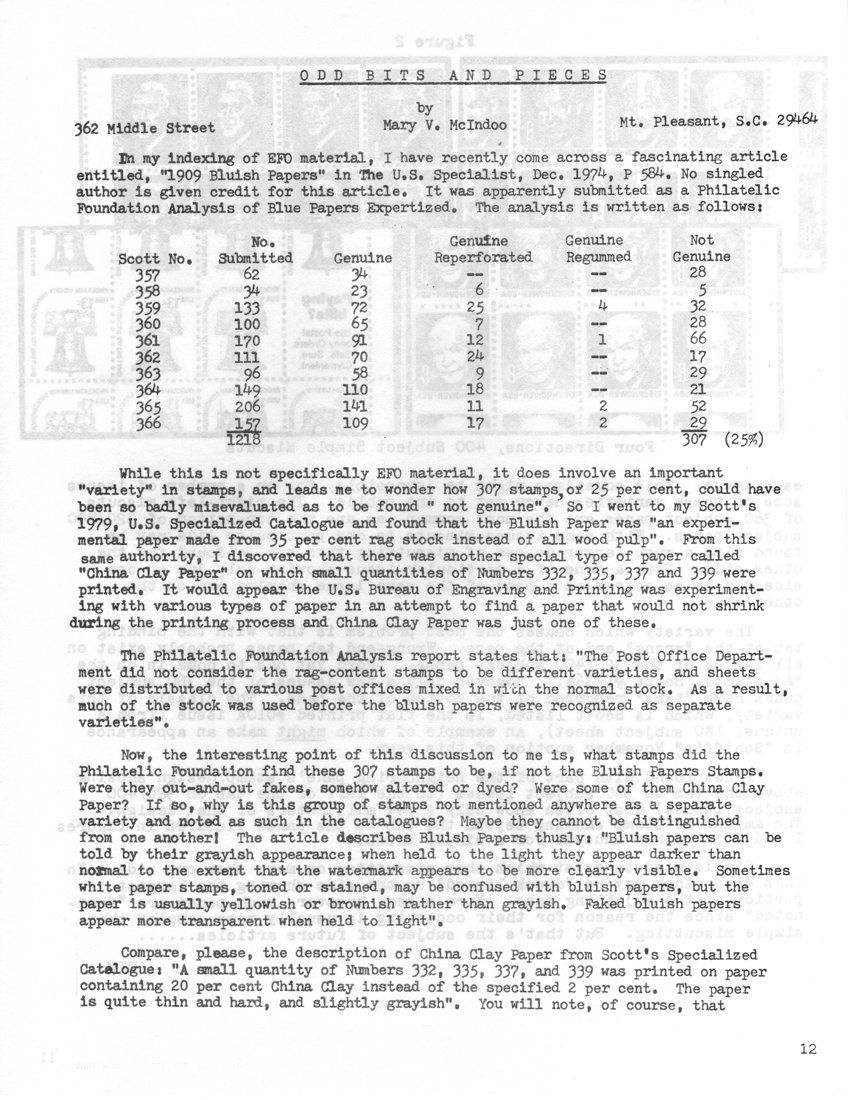 stamp errors, stamp errors, EFO, McIndoo, Odd Bits and Pieces, 1909, bluish papers, 1909 Bluish Papers, U.S. Specialist, 1974, China Clap Paper, rag stock, Scott 332, Scott 335, Scott 337, Scott 339, U.S. Bureau of Engraving and Printing, Scott 357, Scott 358, Scott 359, Scott 360, Scott 361, Scott 362, Scott 363, Scott 364, Scott 365, Scott 366, fakes bluish paper