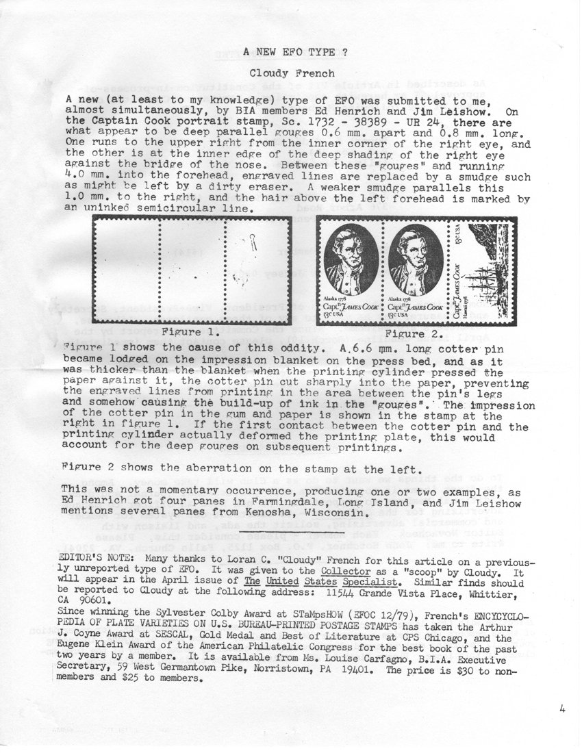 stamp errors, stamp errors, EFO, A New EFO Type, French, Henrich, Leishow, BIA, Captain Cook, Scott 1732, gouge, Wisconsin, Kenosha, French, The United States Specialist, Sylvester Colby Award, Encyclopedia of Plate Varieties on U.S. Bureau-Printed Postage Stamps, Arthur J. Coyne Award, Sescal, StampShow, CPS Chicago, Eugene Klein Award, American Philatelic Congress, Carfagno