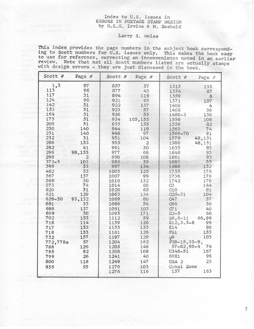 stamp errors, stamp errors, EFO, Weiss, Index to U.S. Issues in Errors in Postage Stamp Design, Irvine, Seshold